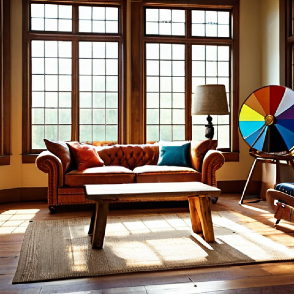 **

A brightly lit interior space with a color wheel prominently displayed. Natural light streams in through a large window.  Include examples of furniture made of wood and metal, showcasing texture differences. The overall style should represent interior design principles.

**