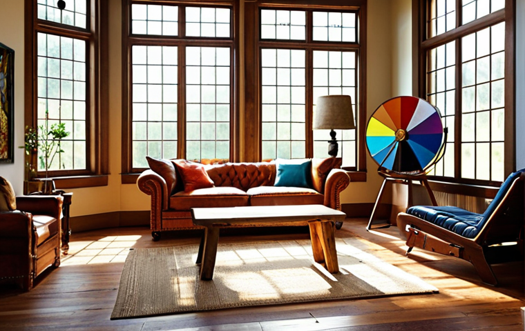 **

A brightly lit interior space with a color wheel prominently displayed. Natural light streams in through a large window.  Include examples of furniture made of wood and metal, showcasing texture differences. The overall style should represent interior design principles.

**