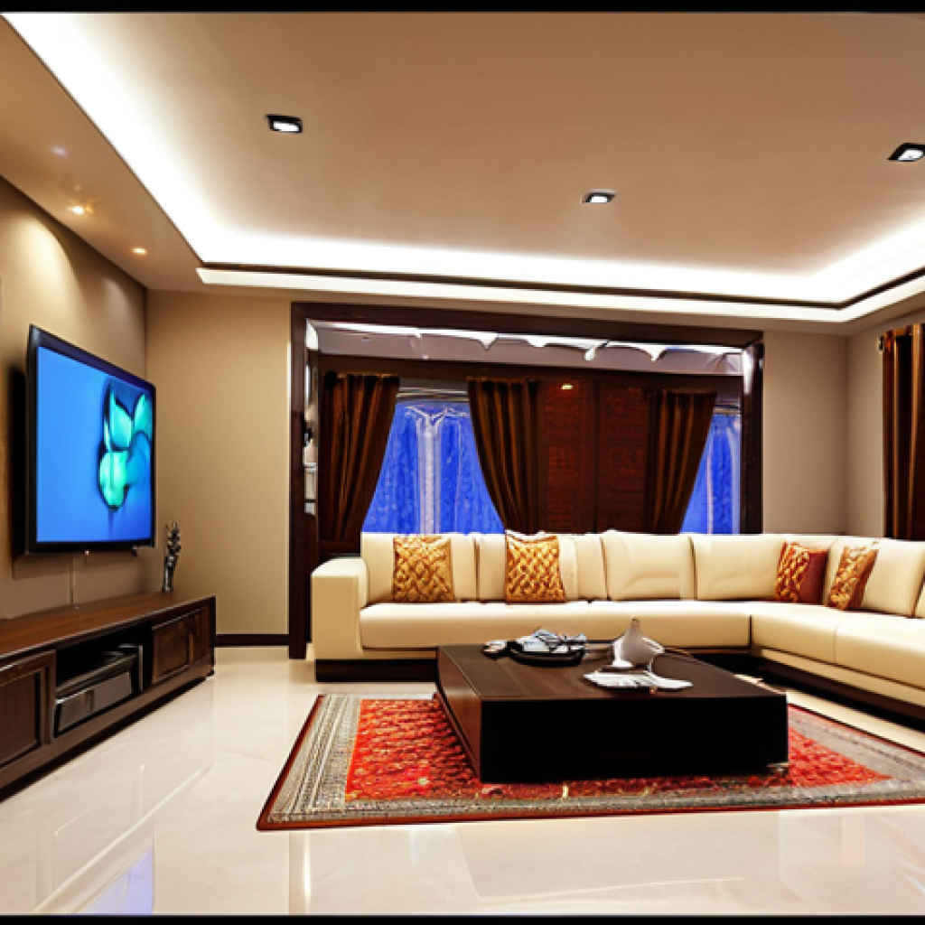**A modern living room interior in Pakistan showcasing smart LED lighting.** Emphasis on warm, adjustable light and a feeling of modern design with traditional Urdu cultural elements.