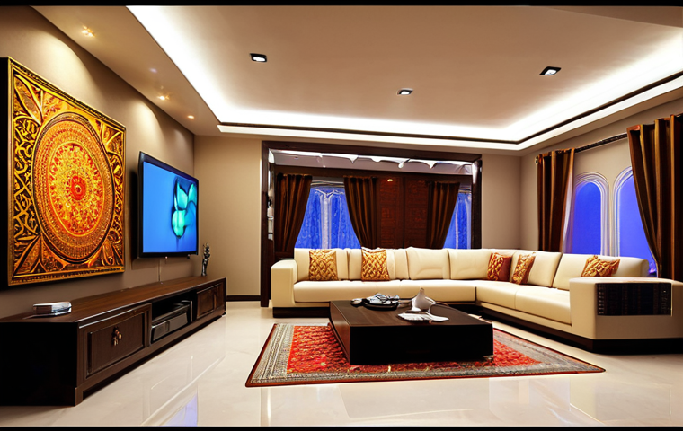 **A modern living room interior in Pakistan showcasing smart LED lighting.** Emphasis on warm, adjustable light and a feeling of modern design with traditional Urdu cultural elements.