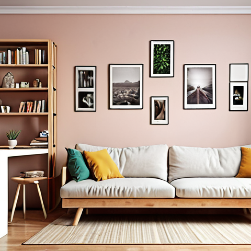 **A cozy living room interior. Multifunctional furniture: a sofa bed, extendable table. Shelves on the wall with books and plants. Warm, inviting lighting.** (This prompt focuses on solving small space issues with practical furniture and utilizing vertical space. The goal is a comfortable, lived-in feel.)