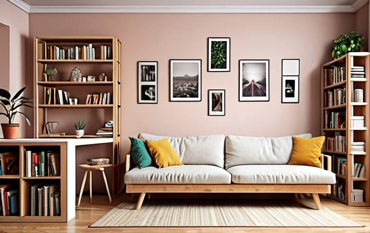 **A cozy living room interior. Multifunctional furniture: a sofa bed, extendable table. Shelves on the wall with books and plants. Warm, inviting lighting.** (This prompt focuses on solving small space issues with practical furniture and utilizing vertical space. The goal is a comfortable, lived-in feel.)