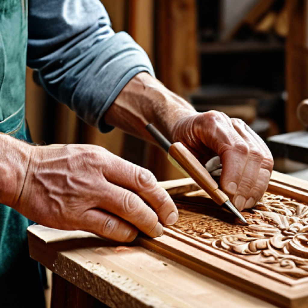 Woodworking Detail**

"An intricate close-up showcasing a skilled artisan meticulously carving a decorative wooden panel, fully clothed in appropriate workshop attire, using traditional tools. The wood is rich in color with visible grain. The background features a softly blurred workshop setting with other woodworking projects. Perfect anatomy (hands), proper finger count, natural pose, safe for work, appropriate content, fully clothed, professional craftsmanship, high quality, well-lit."

**
