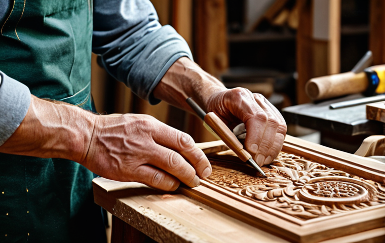 Woodworking Detail**

"An intricate close-up showcasing a skilled artisan meticulously carving a decorative wooden panel, fully clothed in appropriate workshop attire, using traditional tools. The wood is rich in color with visible grain. The background features a softly blurred workshop setting with other woodworking projects. Perfect anatomy (hands), proper finger count, natural pose, safe for work, appropriate content, fully clothed, professional craftsmanship, high quality, well-lit."

**