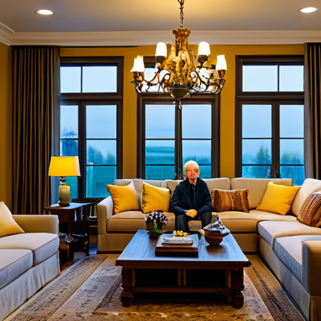 **

"A cozy living room interior, illuminated with warm yellow light from table lamps and a decorative chandelier, fully clothed family members are relaxing on a sofa, modest attire, safe for work, perfect anatomy, natural proportions, interior design photography, family-friendly, appropriate content, professional lighting."

**