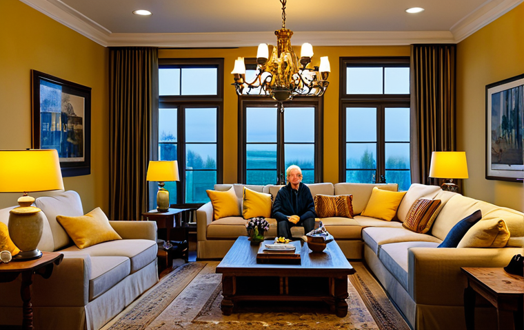 **

"A cozy living room interior, illuminated with warm yellow light from table lamps and a decorative chandelier, fully clothed family members are relaxing on a sofa, modest attire, safe for work, perfect anatomy, natural proportions, interior design photography, family-friendly, appropriate content, professional lighting."

**
