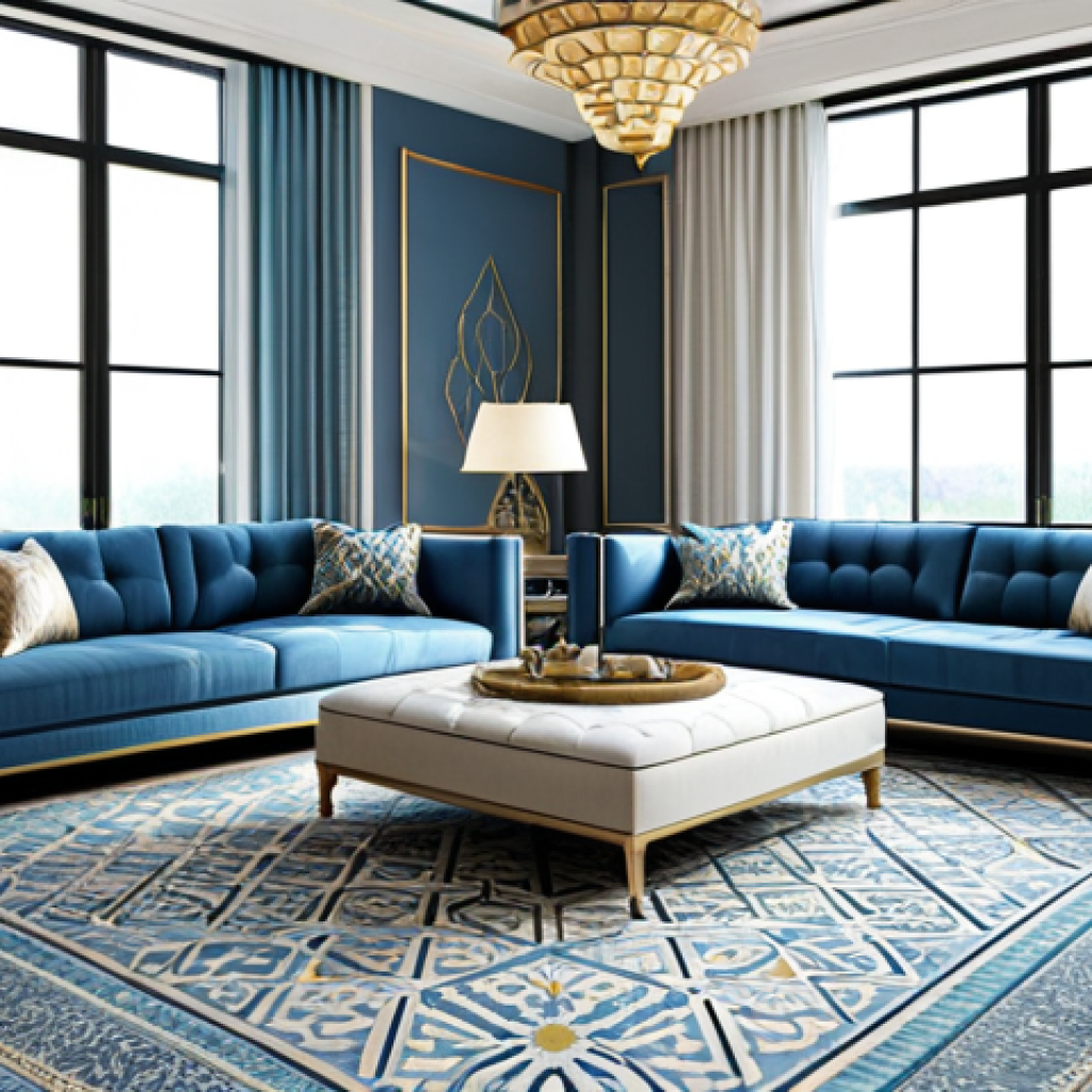 **

"A modern, spacious living room design showcasing Islamic geometric patterns.  The color palette is a mix of calming blues, creams, and subtle gold accents.  Elegant, modest furniture arrangement with comfortable seating.  Large windows bringing in natural light.  High-quality rendering, perfect lighting, family-friendly atmosphere.  Safe for work, appropriate content, fully clothed."

**