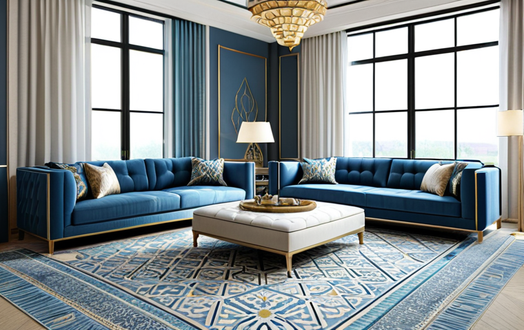 **

"A modern, spacious living room design showcasing Islamic geometric patterns.  The color palette is a mix of calming blues, creams, and subtle gold accents.  Elegant, modest furniture arrangement with comfortable seating.  Large windows bringing in natural light.  High-quality rendering, perfect lighting, family-friendly atmosphere.  Safe for work, appropriate content, fully clothed."

**