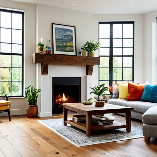 Home 25 **
"A cozy living room interior, featuring wooden floors and furniture, a comfortable sofa with colorful cushions, and a stone fireplace. The room is decorated with plants and artwork, creating a warm and inviting atmosphere. Large windows allow natural light to fill the space. Fully clothed, modest decor, safe for work, appropriate content, professional photography, perfect anatomy, natural proportions, family-friendly."
**