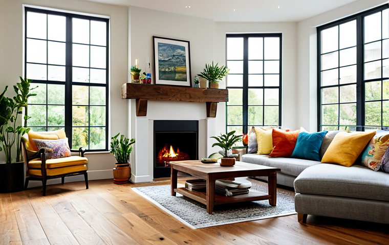 **

"A cozy living room interior, featuring wooden floors and furniture, a comfortable sofa with colorful cushions, and a stone fireplace. The room is decorated with plants and artwork, creating a warm and inviting atmosphere. Large windows allow natural light to fill the space. Fully clothed, modest decor, safe for work, appropriate content, professional photography, perfect anatomy, natural proportions, family-friendly."

**