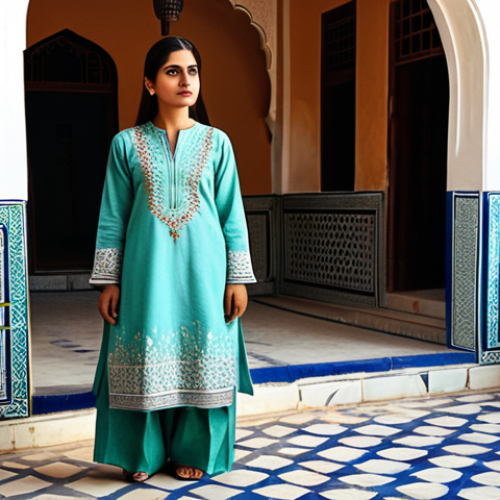 Home 24 **
"A Pakistani woman, fully clothed in a modest shalwar kameez with intricate embroidery, standing in a sunlit courtyard of a traditional haveli. The courtyard features detailed tile work and potted plants. Safe for work, appropriate content, perfect anatomy, natural pose, professional photography, high quality."
**