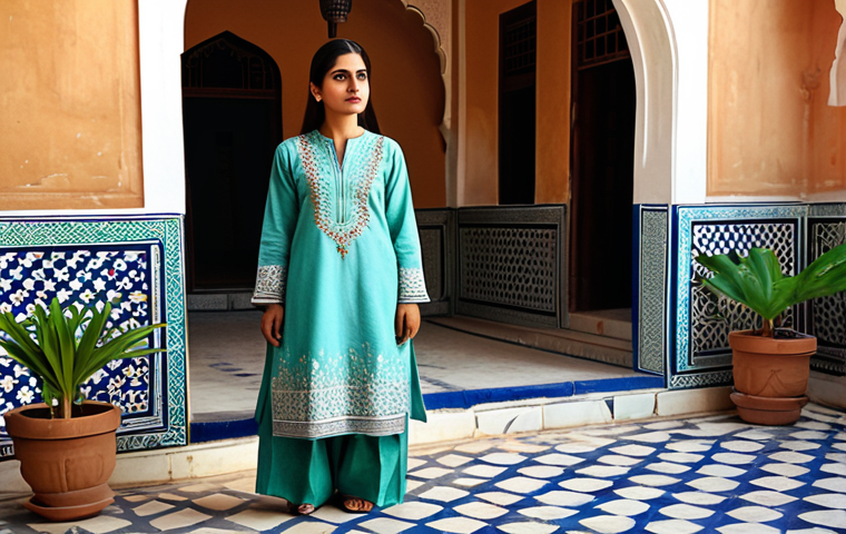 **

"A Pakistani woman, fully clothed in a modest shalwar kameez with intricate embroidery, standing in a sunlit courtyard of a traditional haveli. The courtyard features detailed tile work and potted plants. Safe for work, appropriate content, perfect anatomy, natural pose, professional photography, high quality."

**