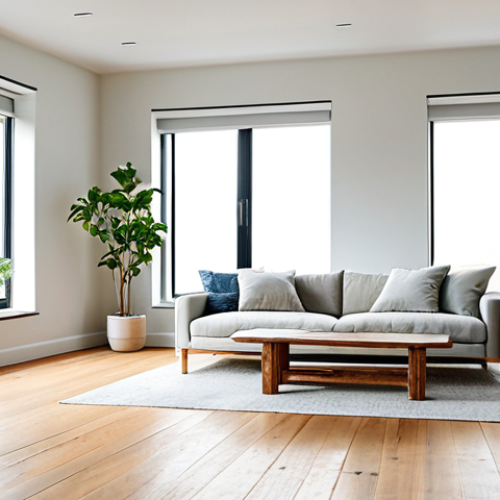 Home 11 **Sustainable Minimalist Living Room:** A bright living room with recycled wood furniture, large windows maximizing natural light, and indoor plants. The decor is simple and uncluttered, focusing on functionality. "Safe for work, appropriate content, fully clothed, professional photography, high quality, perfect anatomy, natural proportions, modest."