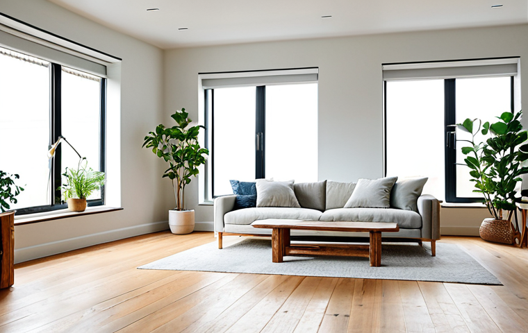 **Sustainable Minimalist Living Room:** A bright living room with recycled wood furniture, large windows maximizing natural light, and indoor plants. The decor is simple and uncluttered, focusing on functionality. "Safe for work, appropriate content, fully clothed, professional photography, high quality, perfect anatomy, natural proportions, modest."