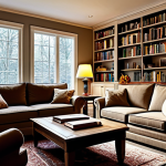 실내건축 자격증과 취업 연계 성공 사례 - **Prompt:** Cozy living room, modest decor, comfortable sofa, warm lighting, bookshelves, inviting a...