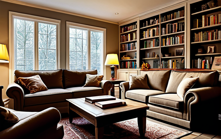 실내건축 자격증과 취업 연계 성공 사례 - **Prompt:** Cozy living room, modest decor, comfortable sofa, warm lighting, bookshelves, inviting a...